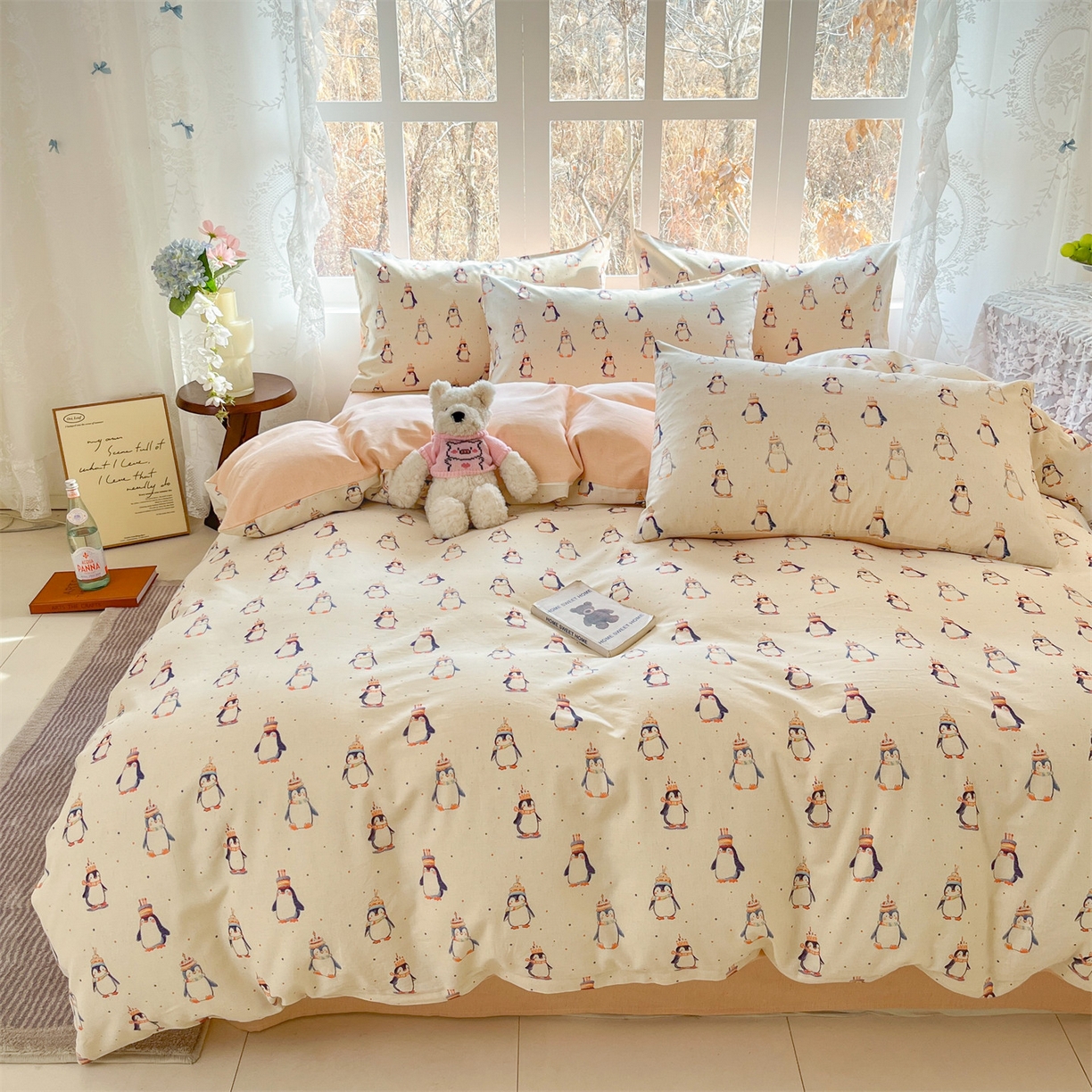 91家纺网 家纺一手货源 找家纺 名兮家居 2026新款A类全棉棉麻四件套 企鹅派对