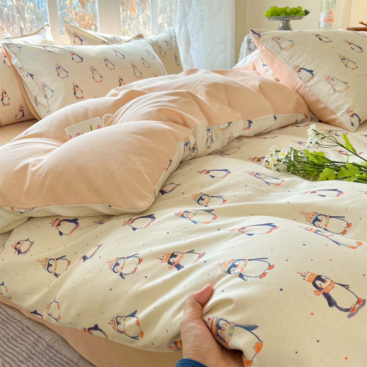 91家纺网 家纺一手货源 找家纺 名兮家居 2026新款A类全棉棉麻四件套 企鹅派对