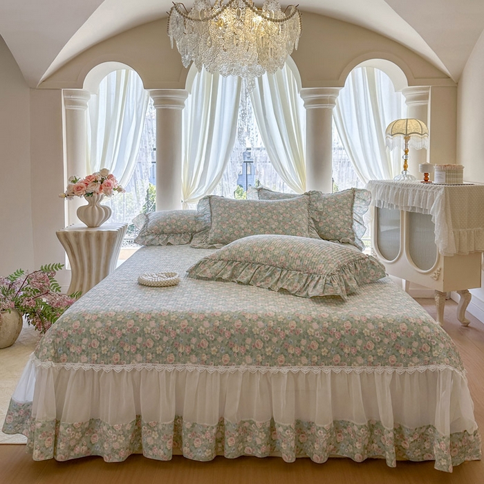 瑞宝 2026新款全棉法式田园风玻璃纱床盖三件套 芊朵