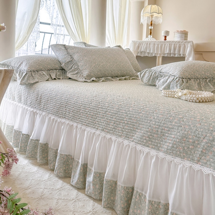 91家纺网 家纺一手货源 找家纺 瑞宝 2026新款全棉法式田园风玻璃纱床盖三件套 绿茵