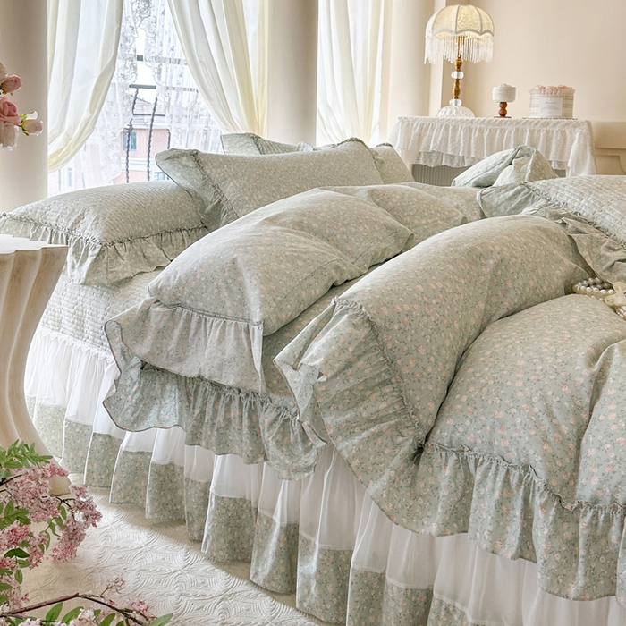91家纺网 家纺一手货源 找家纺 瑞宝 2026新款全棉法式田园风玻璃纱床盖三件套 绿茵