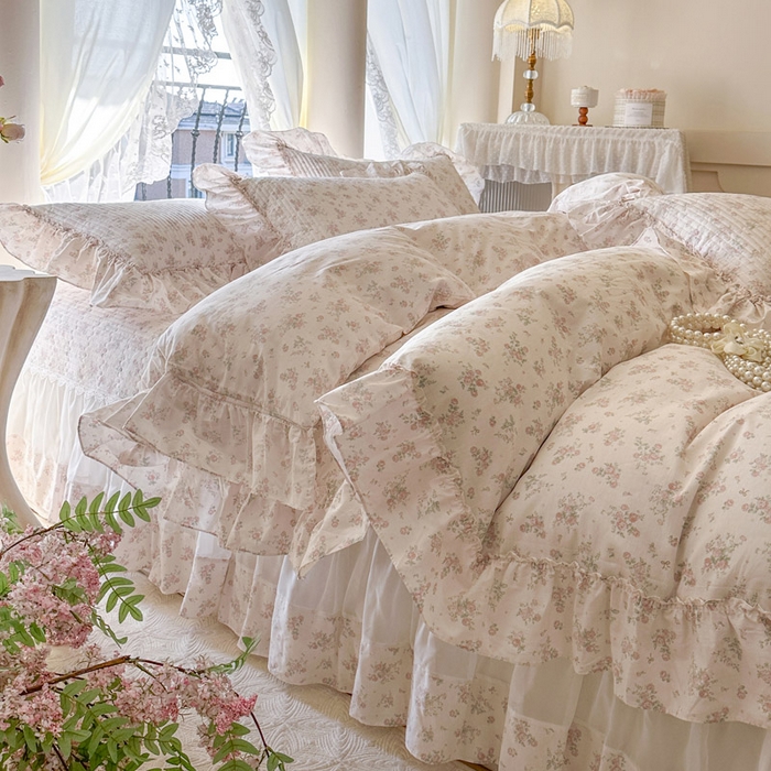 91家纺网 家纺一手货源 找家纺 瑞宝 2026新款全棉法式田园风玻璃纱床盖三件套 简宁