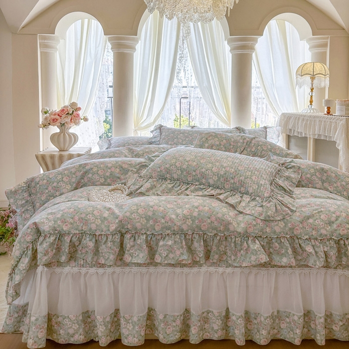 91家纺网 家纺一手货源 找家纺 瑞宝 2026新款全棉法式田园风玻璃纱床盖三件套 芊朵