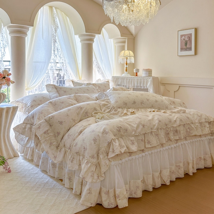 91家纺网 家纺一手货源 找家纺 瑞宝 2026新款全棉法式田园风玻璃纱床盖三件套 叶秋