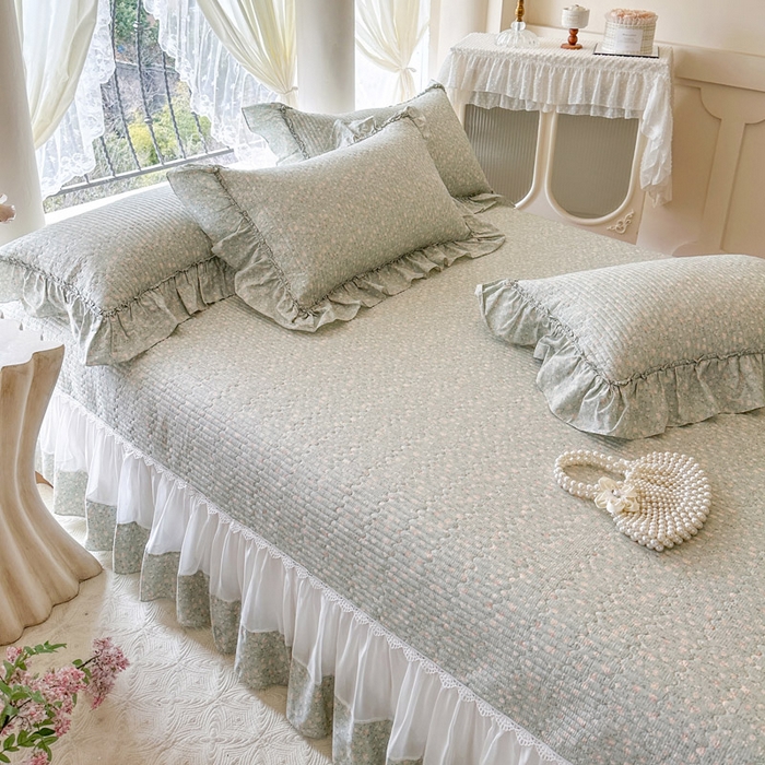 91家纺网 家纺一手货源 找家纺 瑞宝 2026新款全棉法式田园风玻璃纱床盖三件套 绿茵