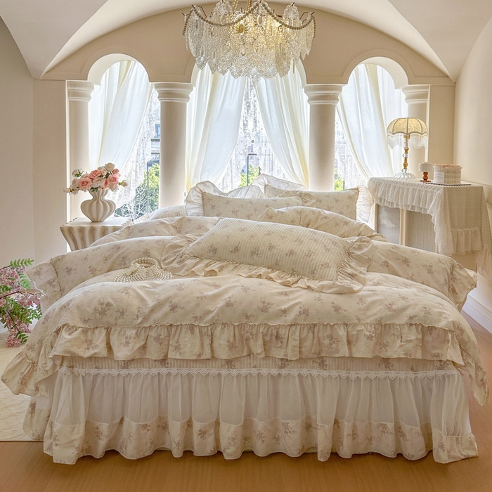 91家纺网 家纺一手货源 找家纺 瑞宝 2026新款全棉法式田园风玻璃纱床盖三件套 叶秋