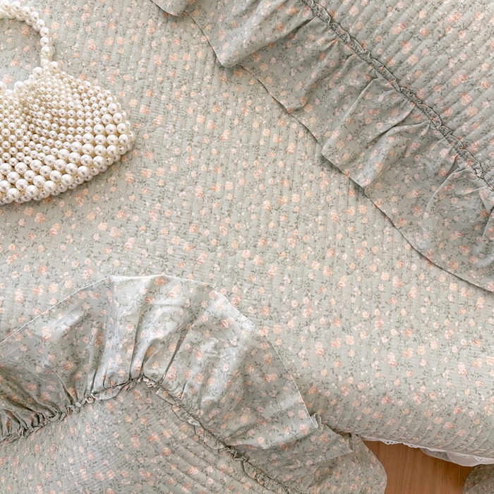 91家纺网 家纺一手货源 找家纺 瑞宝 2026新款全棉法式田园风玻璃纱床盖三件套 绿茵