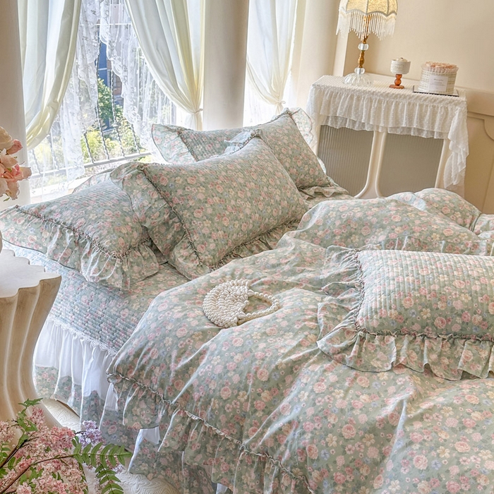 91家纺网 家纺一手货源 找家纺 瑞宝 2026新款全棉法式田园风玻璃纱床盖三件套 芊朵