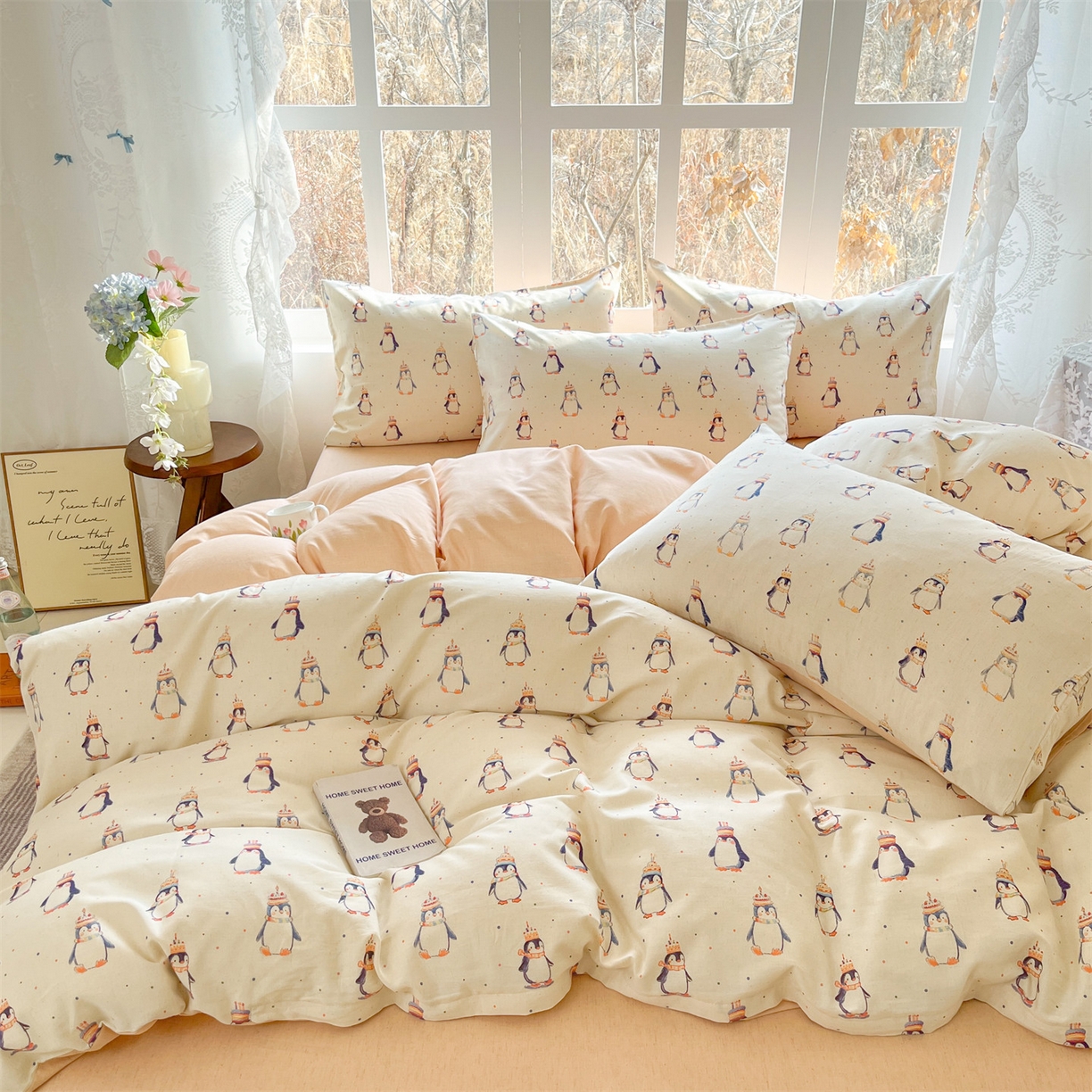 91家纺网 家纺一手货源 找家纺 名兮家居 2026新款A类全棉棉麻四件套 企鹅派对