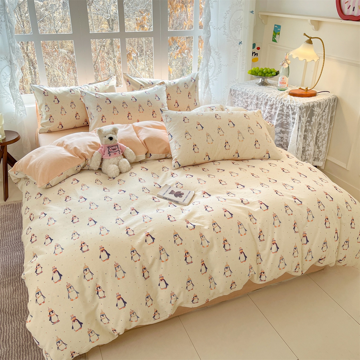 91家纺网 家纺一手货源 找家纺 名兮家居 2026新款A类全棉棉麻四件套 企鹅派对