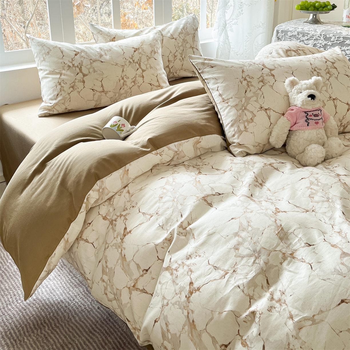 91家纺网 家纺一手货源 找家纺 名兮家居 2026新款A类全棉棉麻四件套 焦糖石纹