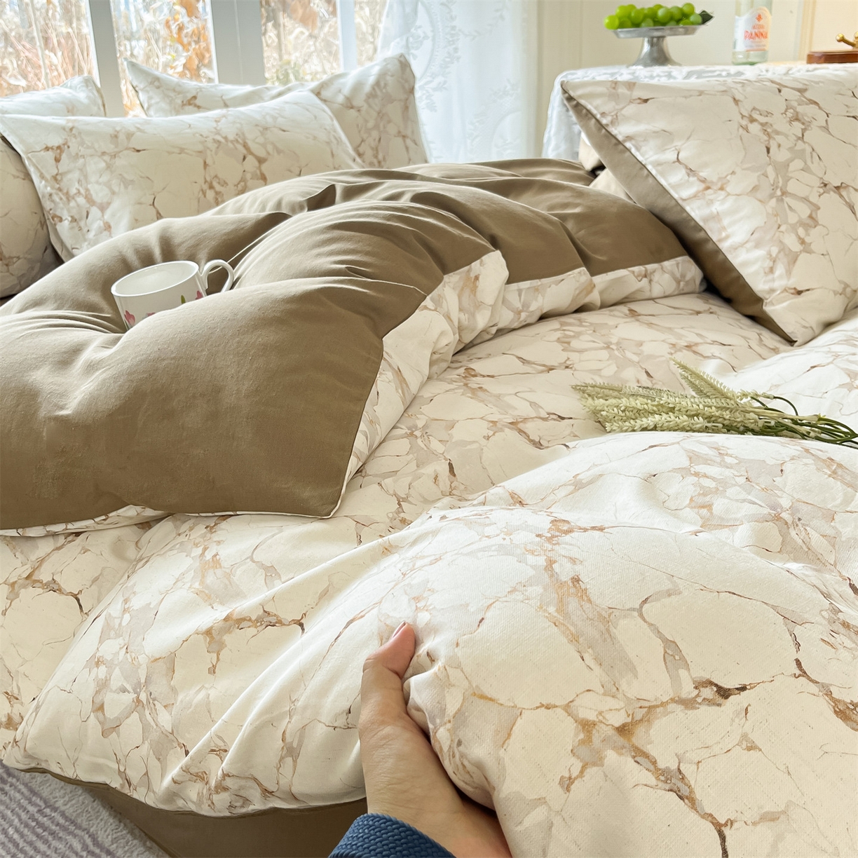 91家纺网 家纺一手货源 找家纺 名兮家居 2026新款A类全棉棉麻四件套 焦糖石纹