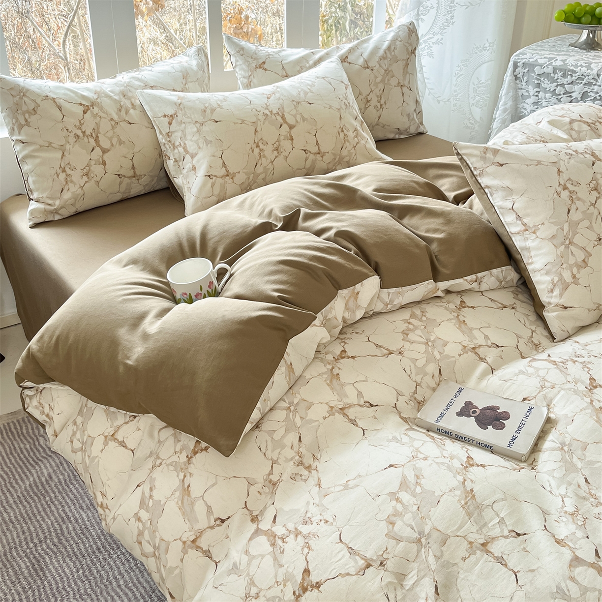 91家纺网 家纺一手货源 找家纺 名兮家居 2026新款A类全棉棉麻四件套 焦糖石纹