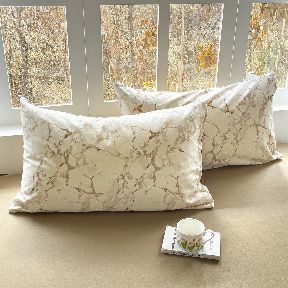 91家纺网 家纺一手货源 找家纺 名兮家居 2026新款A类全棉棉麻四件套 焦糖石纹