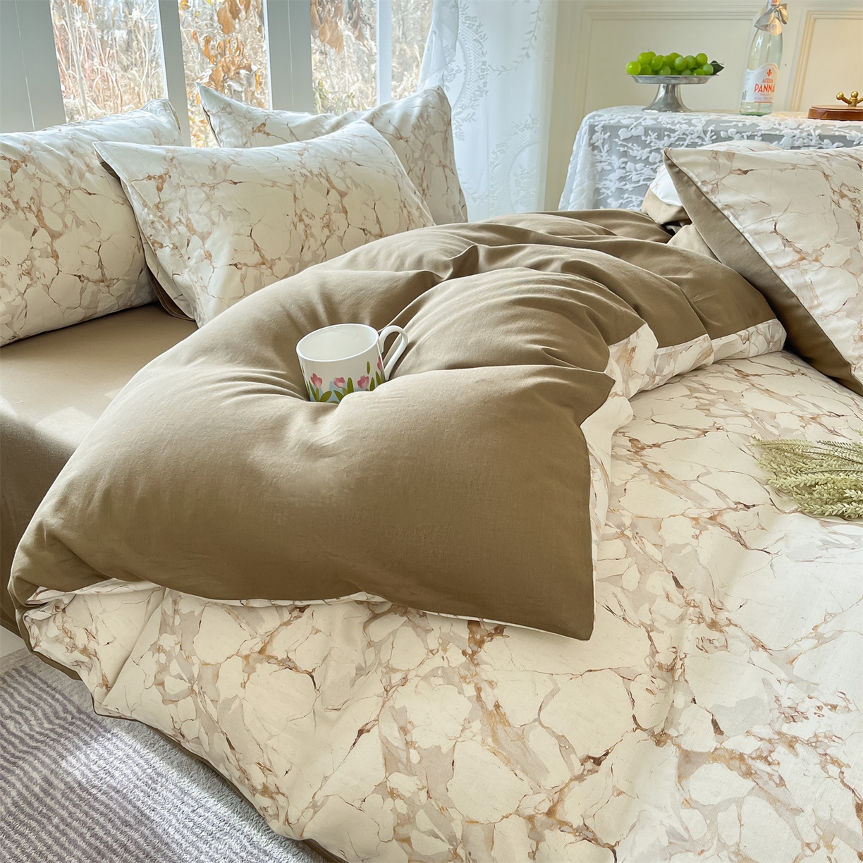 91家纺网 家纺一手货源 找家纺 名兮家居 2026新款A类全棉棉麻四件套 焦糖石纹