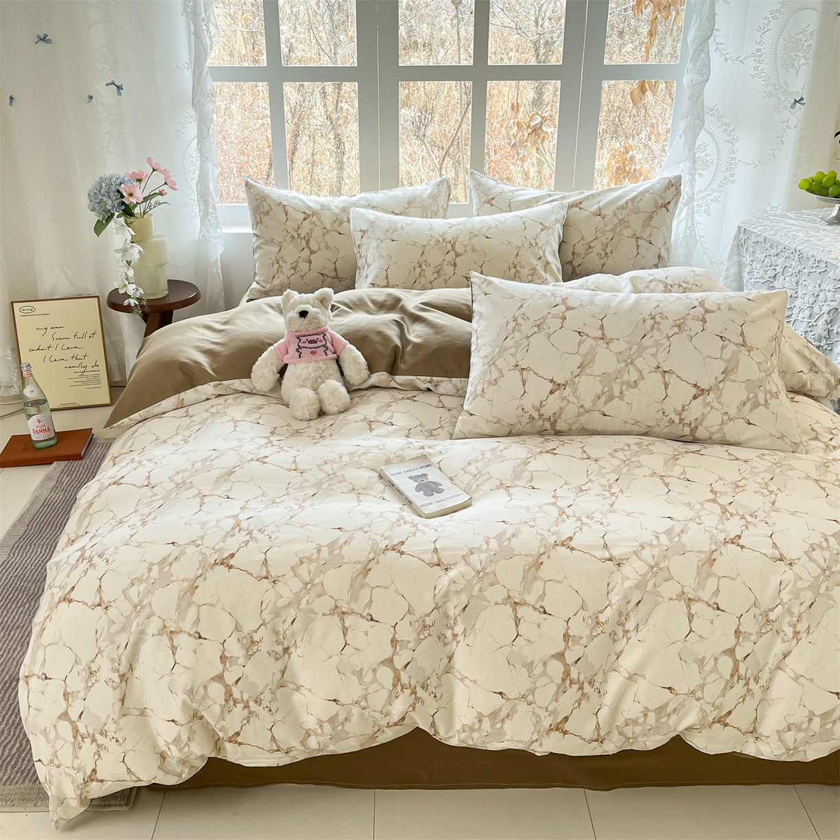 91家纺网 家纺一手货源 找家纺 名兮家居 2026新款A类全棉棉麻四件套 焦糖石纹