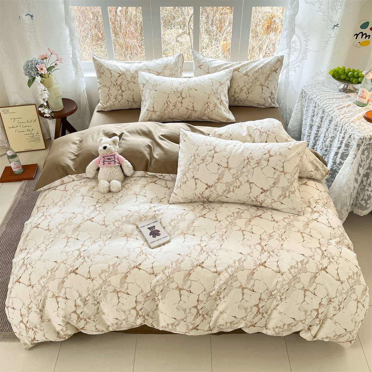 91家纺网 家纺一手货源 找家纺 名兮家居 2026新款A类全棉棉麻四件套 焦糖石纹