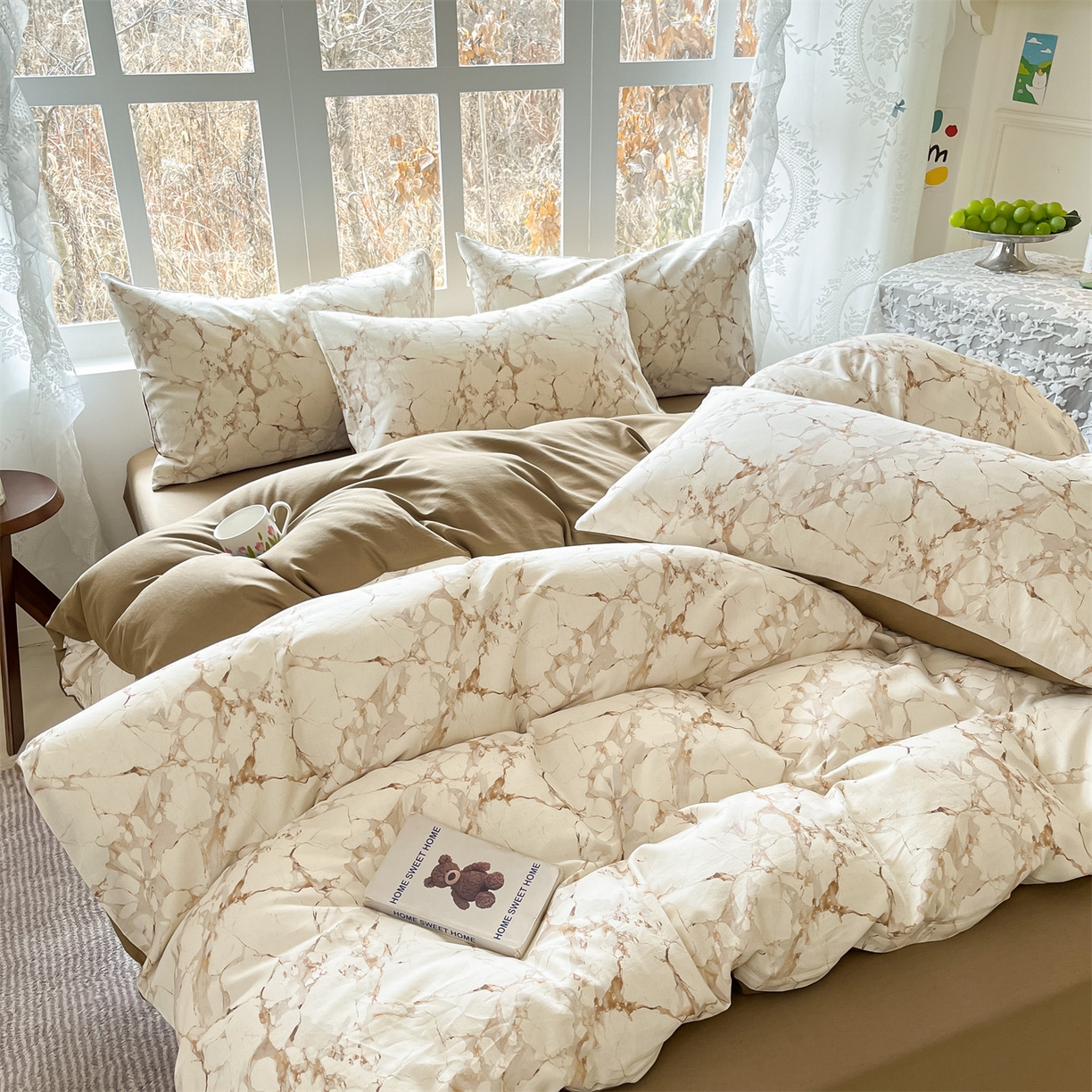 91家纺网 家纺一手货源 找家纺 名兮家居 2026新款A类全棉棉麻四件套 焦糖石纹