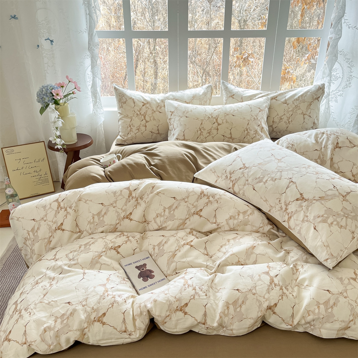 91家纺网 家纺一手货源 找家纺 名兮家居 2026新款A类全棉棉麻四件套 焦糖石纹