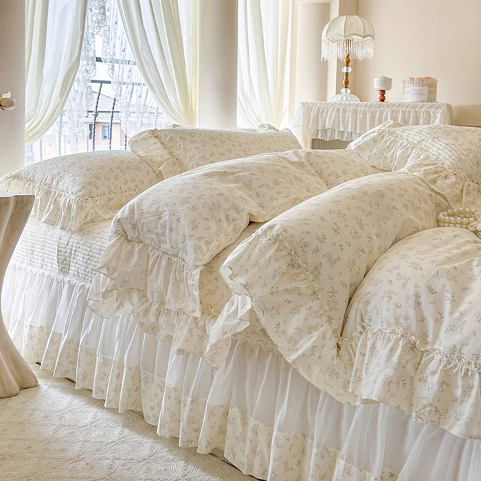 91家纺网 家纺一手货源 找家纺 瑞宝 2026新款全棉法式田园风玻璃纱床盖三件套 林晚