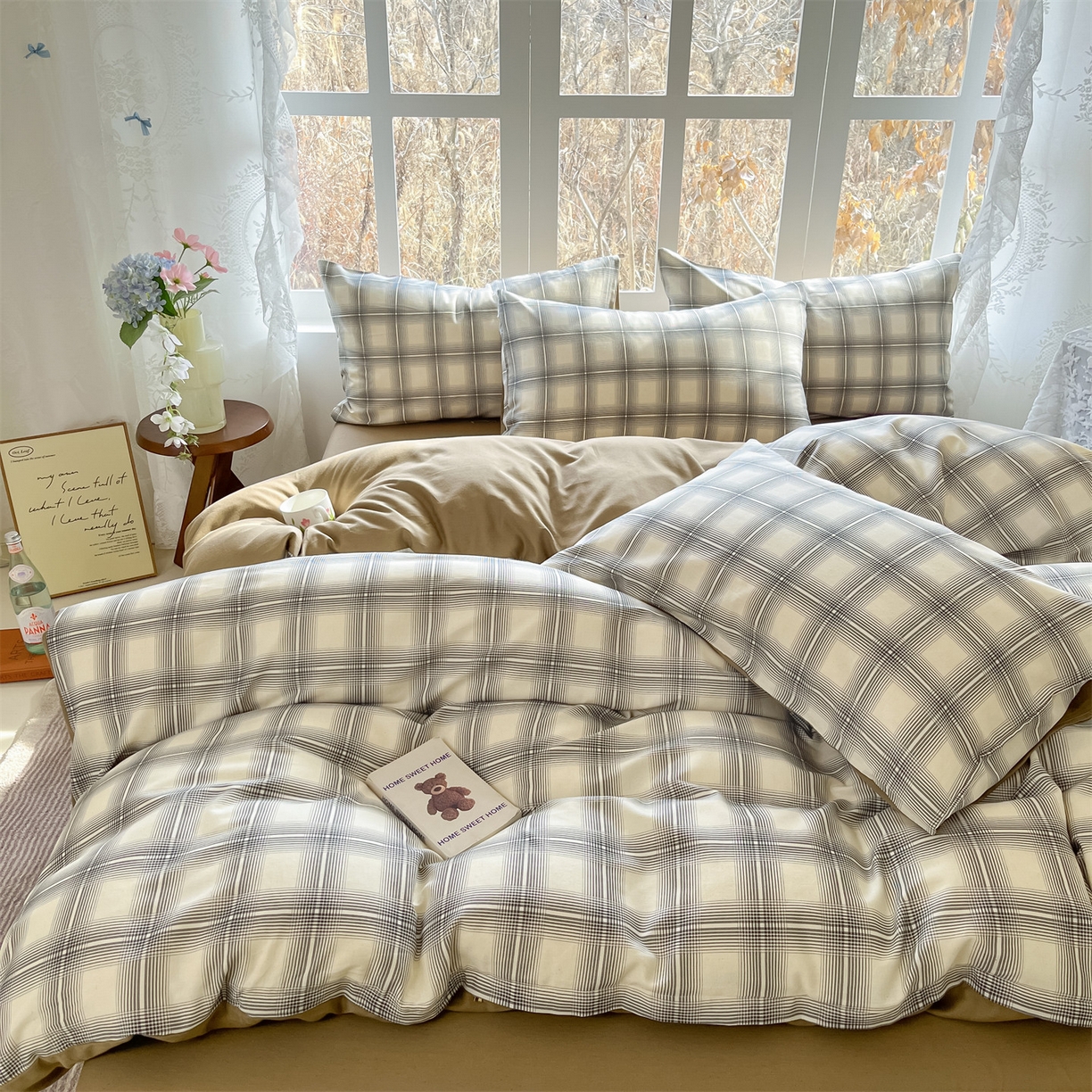 91家纺网 家纺一手货源 找家纺 名兮家居 2026新款A类全棉棉麻四件套 暖棕格