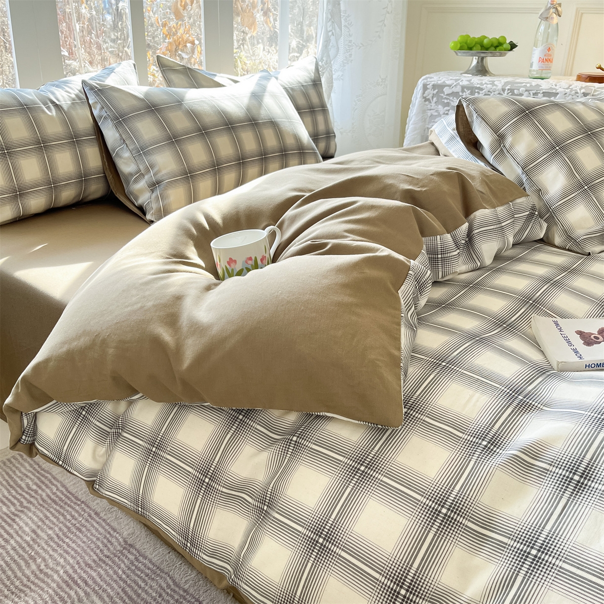 91家纺网 家纺一手货源 找家纺 名兮家居 2026新款A类全棉棉麻四件套 暖棕格