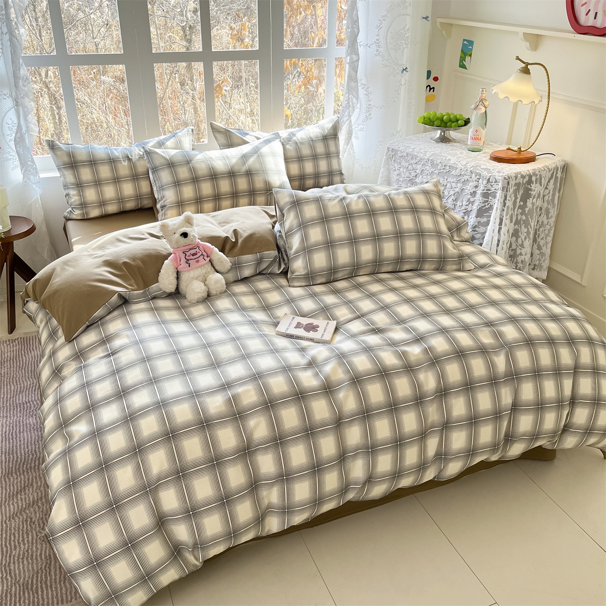 名兮家居 2026新款A类全棉棉麻四件套 暖棕格