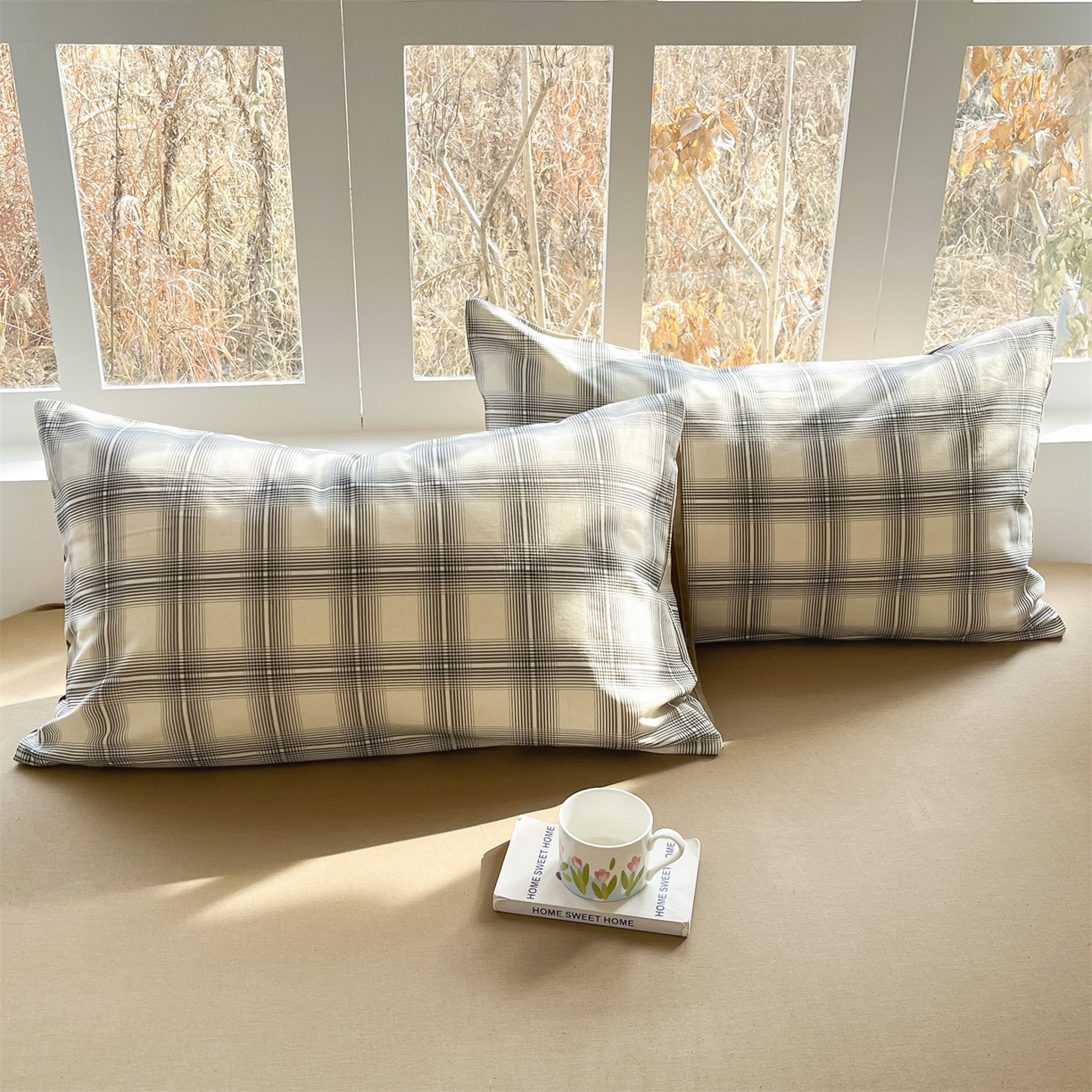 91家纺网 家纺一手货源 找家纺 名兮家居 2026新款A类全棉棉麻四件套 暖棕格