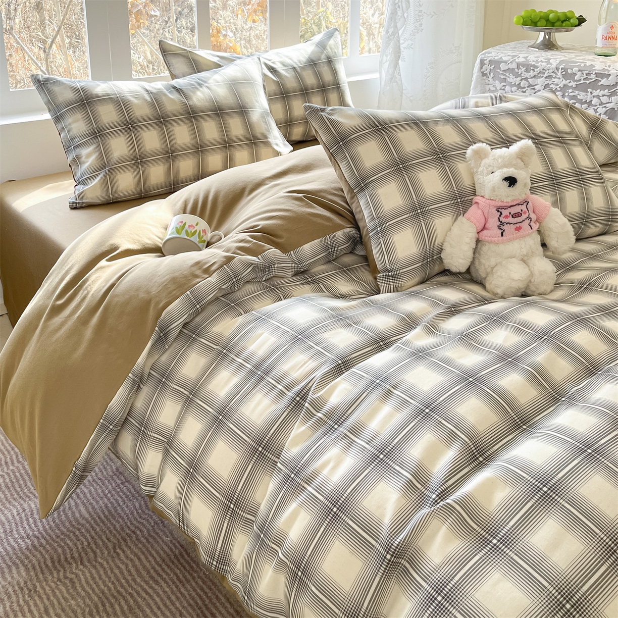 91家纺网 家纺一手货源 找家纺 名兮家居 2026新款A类全棉棉麻四件套 暖棕格