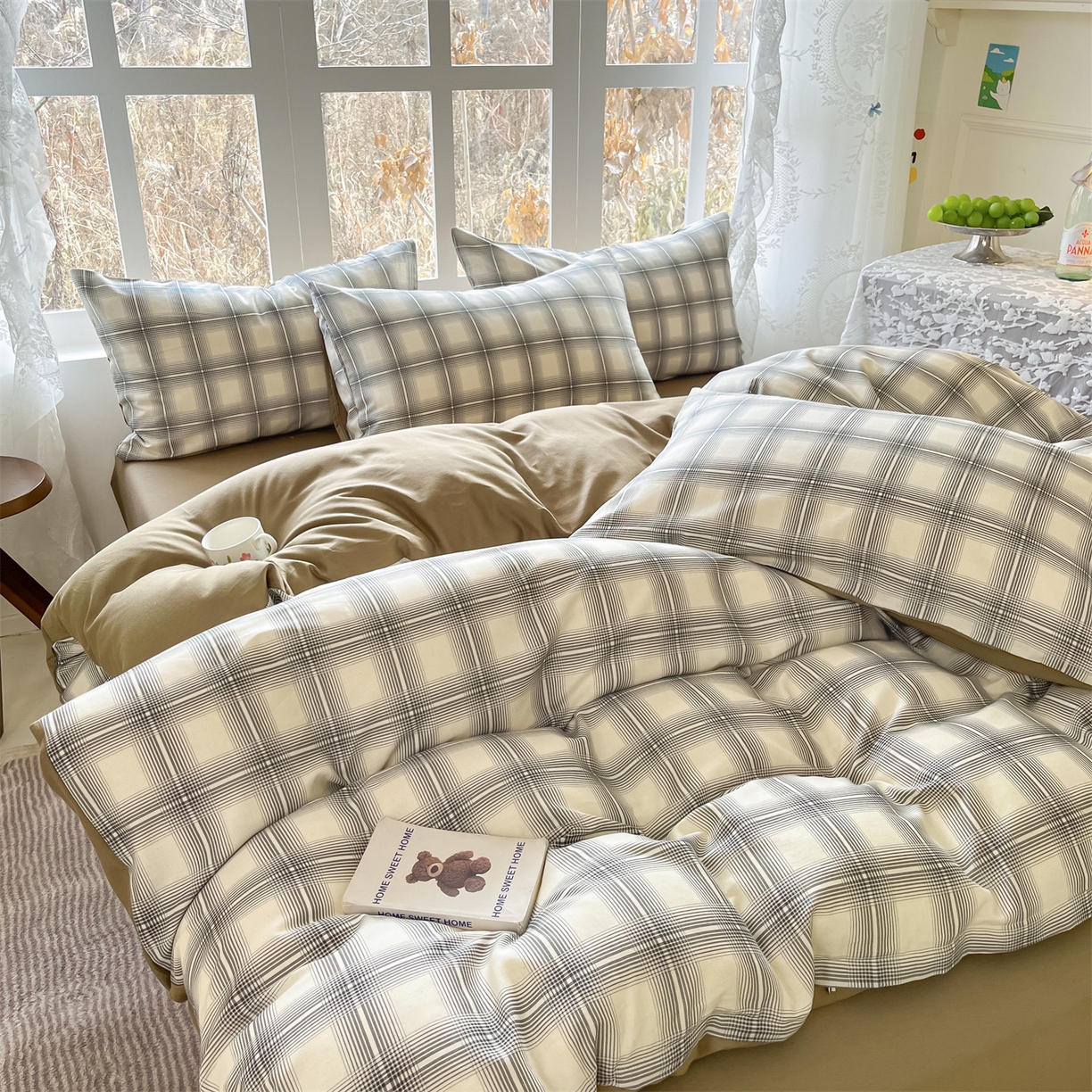 91家纺网 家纺一手货源 找家纺 名兮家居 2026新款A类全棉棉麻四件套 暖棕格