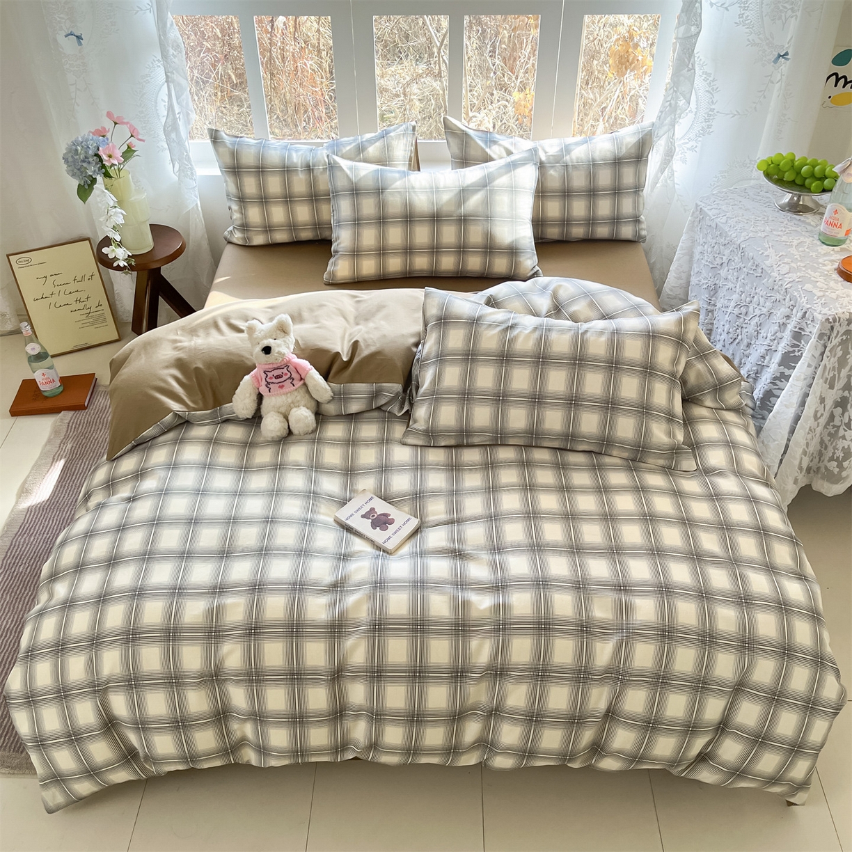 91家纺网 家纺一手货源 找家纺 名兮家居 2026新款A类全棉棉麻四件套 暖棕格