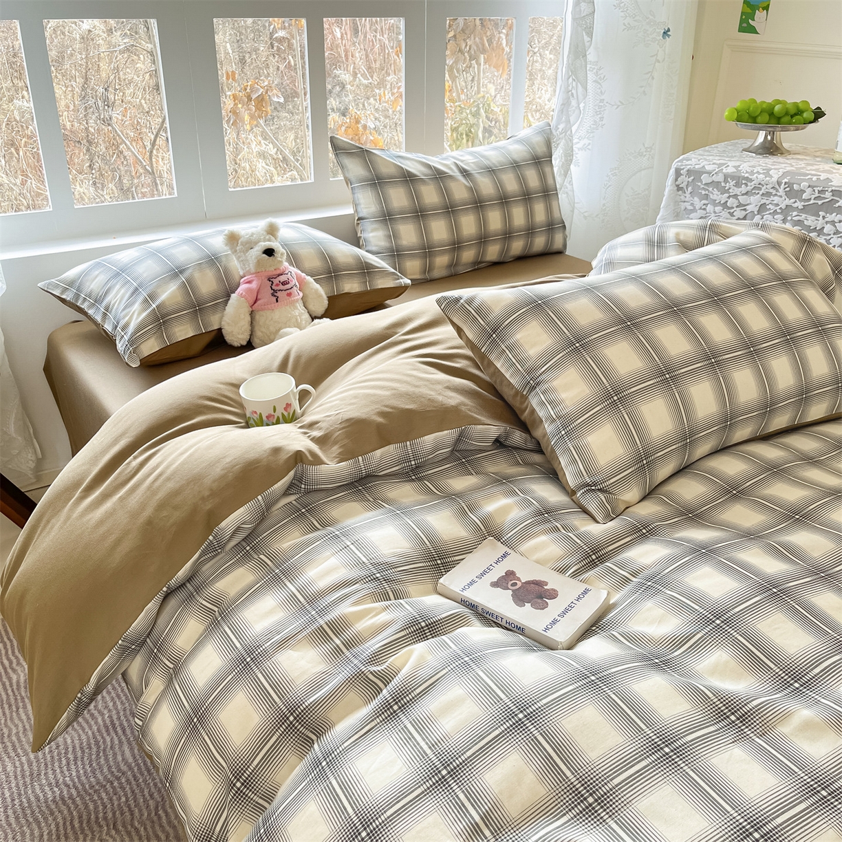 91家纺网 家纺一手货源 找家纺 名兮家居 2026新款A类全棉棉麻四件套 暖棕格