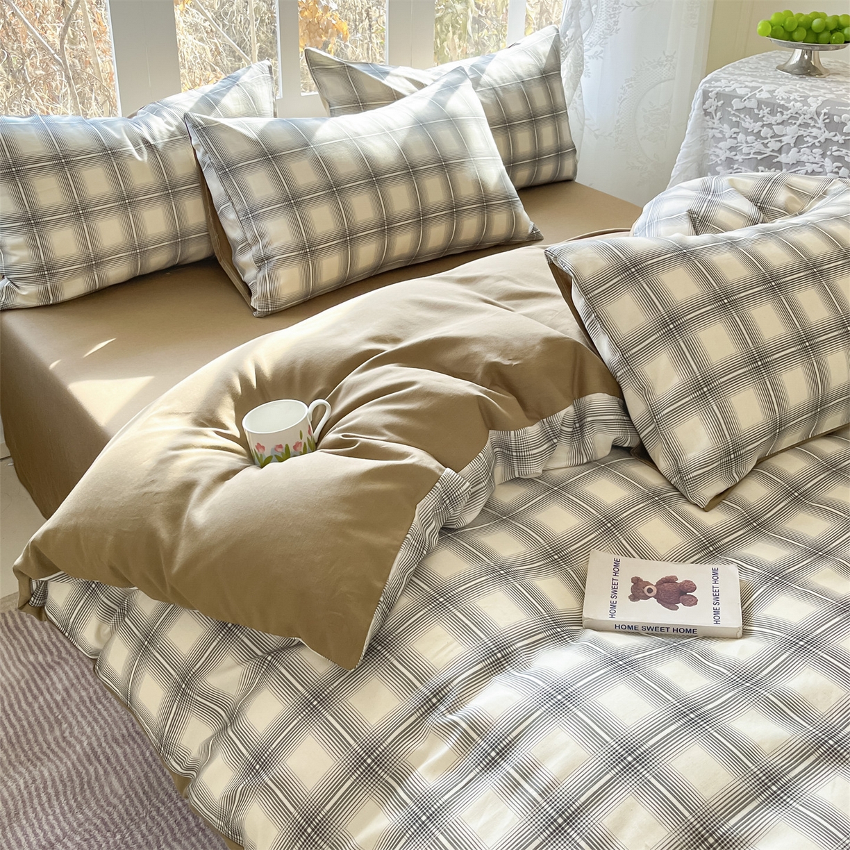 91家纺网 家纺一手货源 找家纺 名兮家居 2026新款A类全棉棉麻四件套 暖棕格