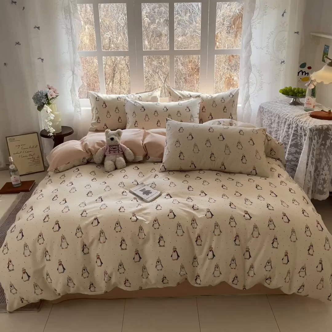 91家纺网 家纺一手货源 找家纺 名兮家居 2026新款A类全棉棉麻四件套 企鹅派对