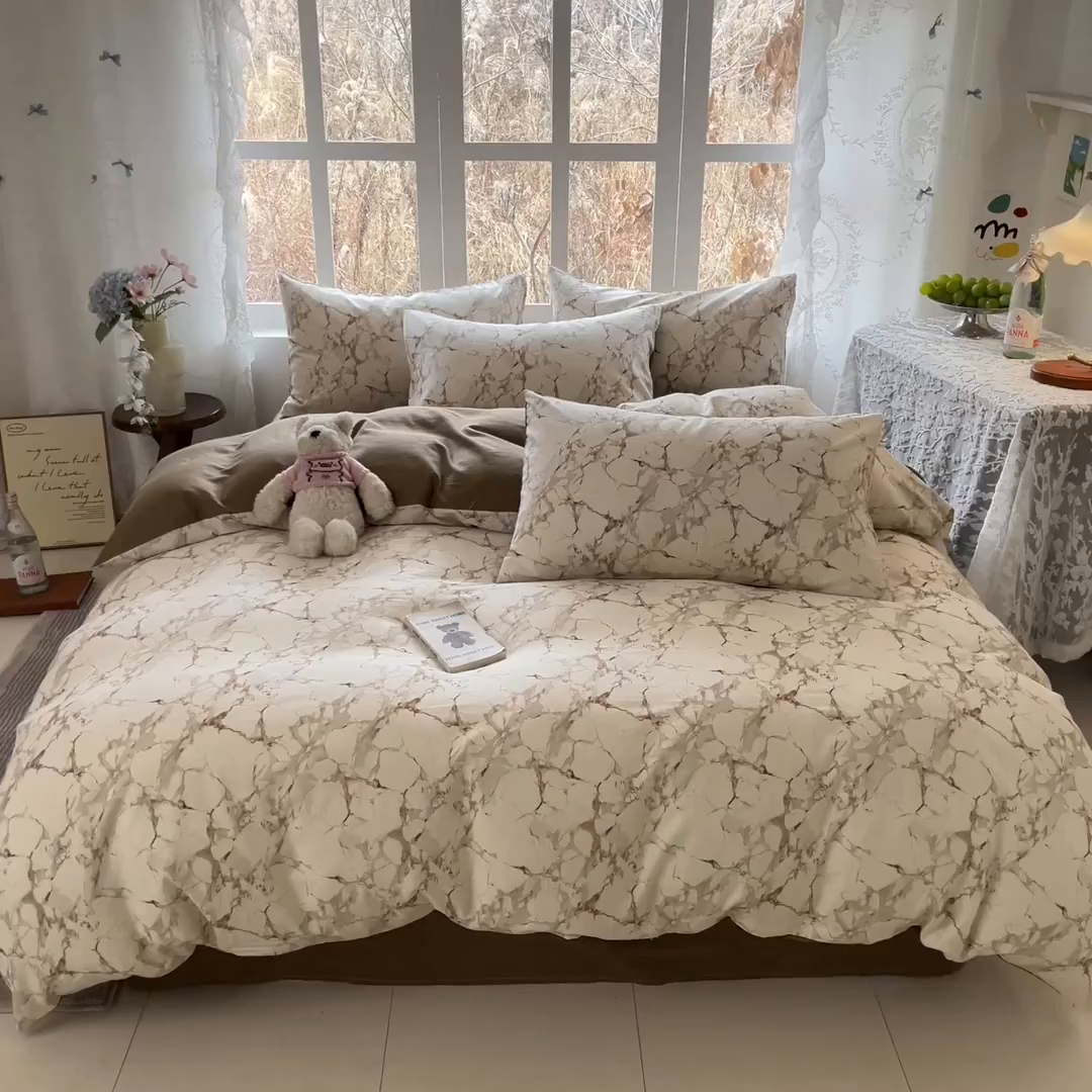 91家纺网 家纺一手货源 找家纺 名兮家居 2026新款A类全棉棉麻四件套 焦糖石纹