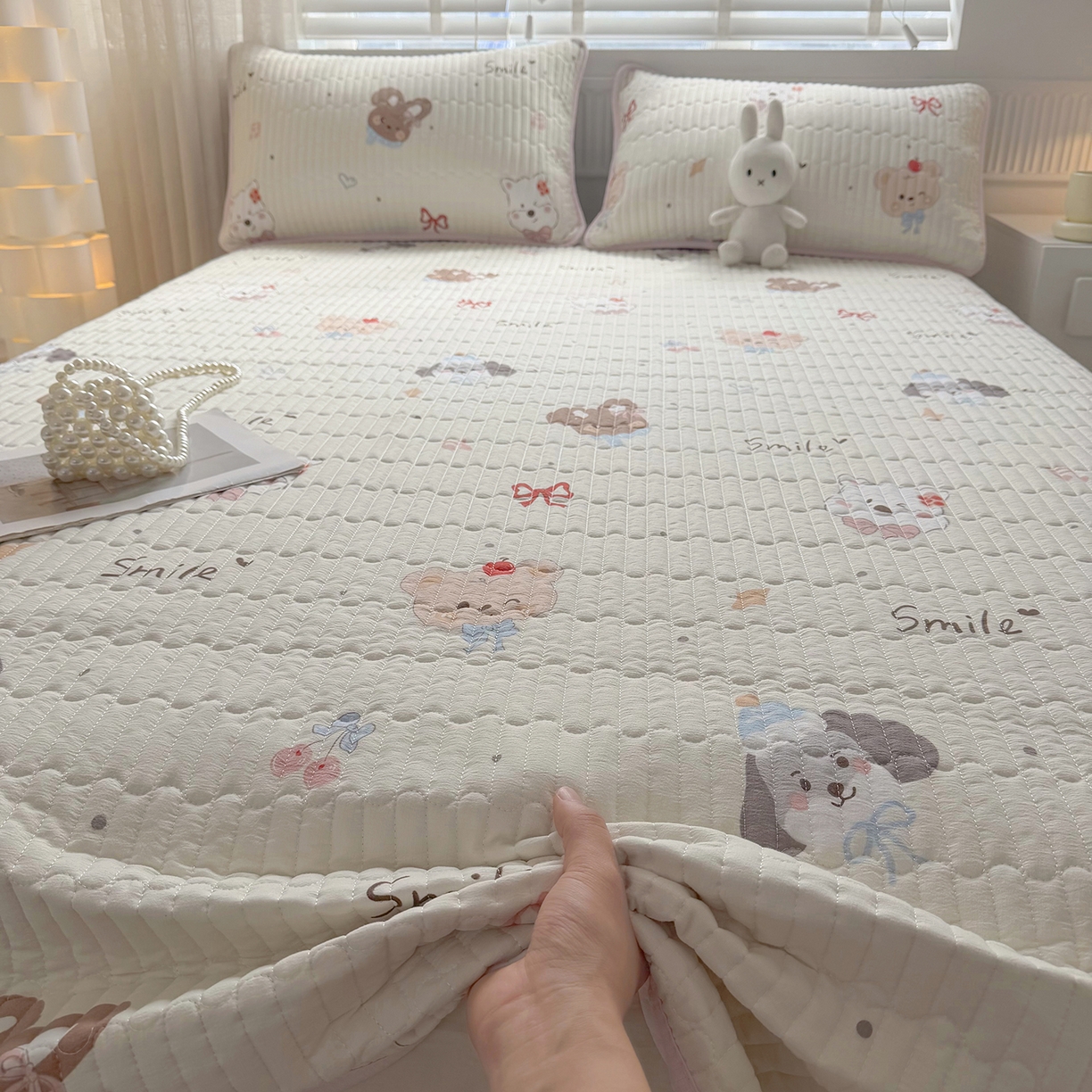 91家纺网 家纺一手货源 找家纺 悠米悠家 2026春夏新款木棉双层纱单床盖 床盖单件 萌趣派对