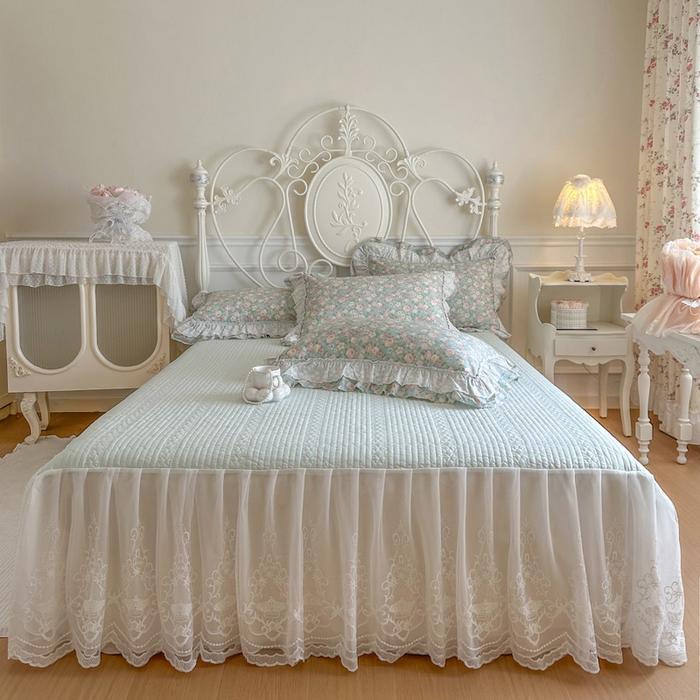 91家纺网 家纺一手货源 找家纺 瑞宝 2026新款全棉碎花AB夹棉床裙四件套系列 绿野