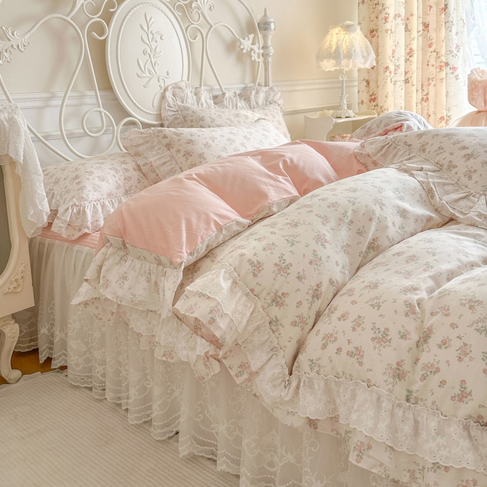 91家纺网 家纺一手货源 找家纺 瑞宝 2026新款全棉碎花AB夹棉床裙四件套系列 青缇