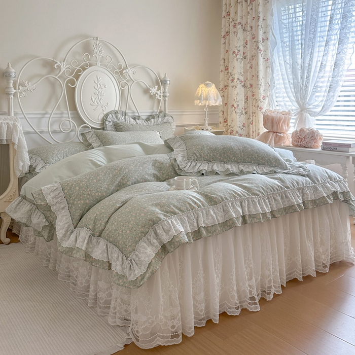 91家纺网 家纺一手货源 找家纺 瑞宝 2026新款全棉碎花AB夹棉床裙四件套系列 豆蔻