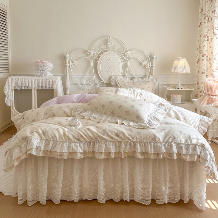 瑞宝 2026新款全棉碎花AB夹棉床裙四件套系列 桃夭夭