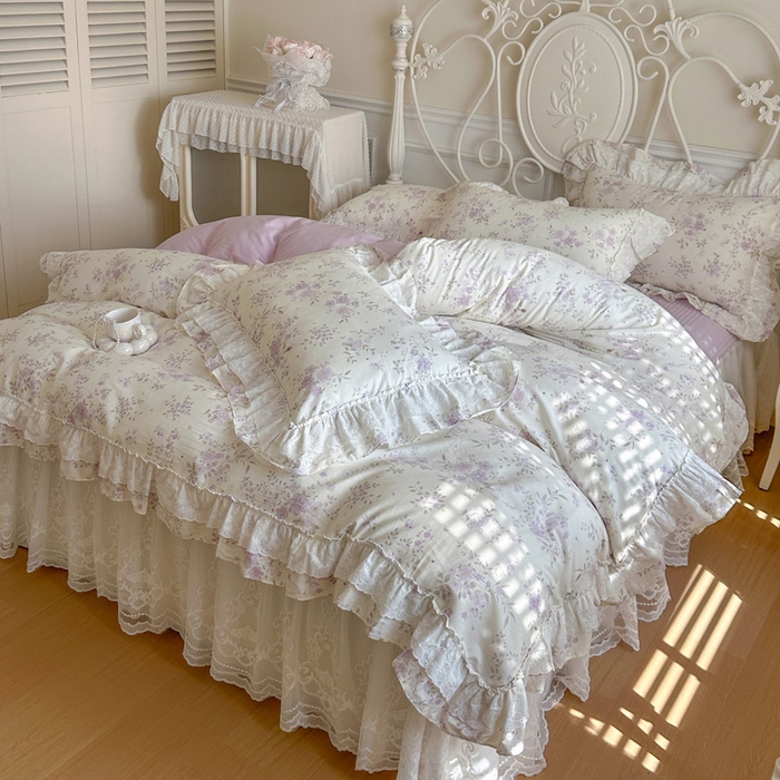 91家纺网 家纺一手货源 找家纺 瑞宝 2026新款全棉碎花AB夹棉床裙四件套系列 紫樱