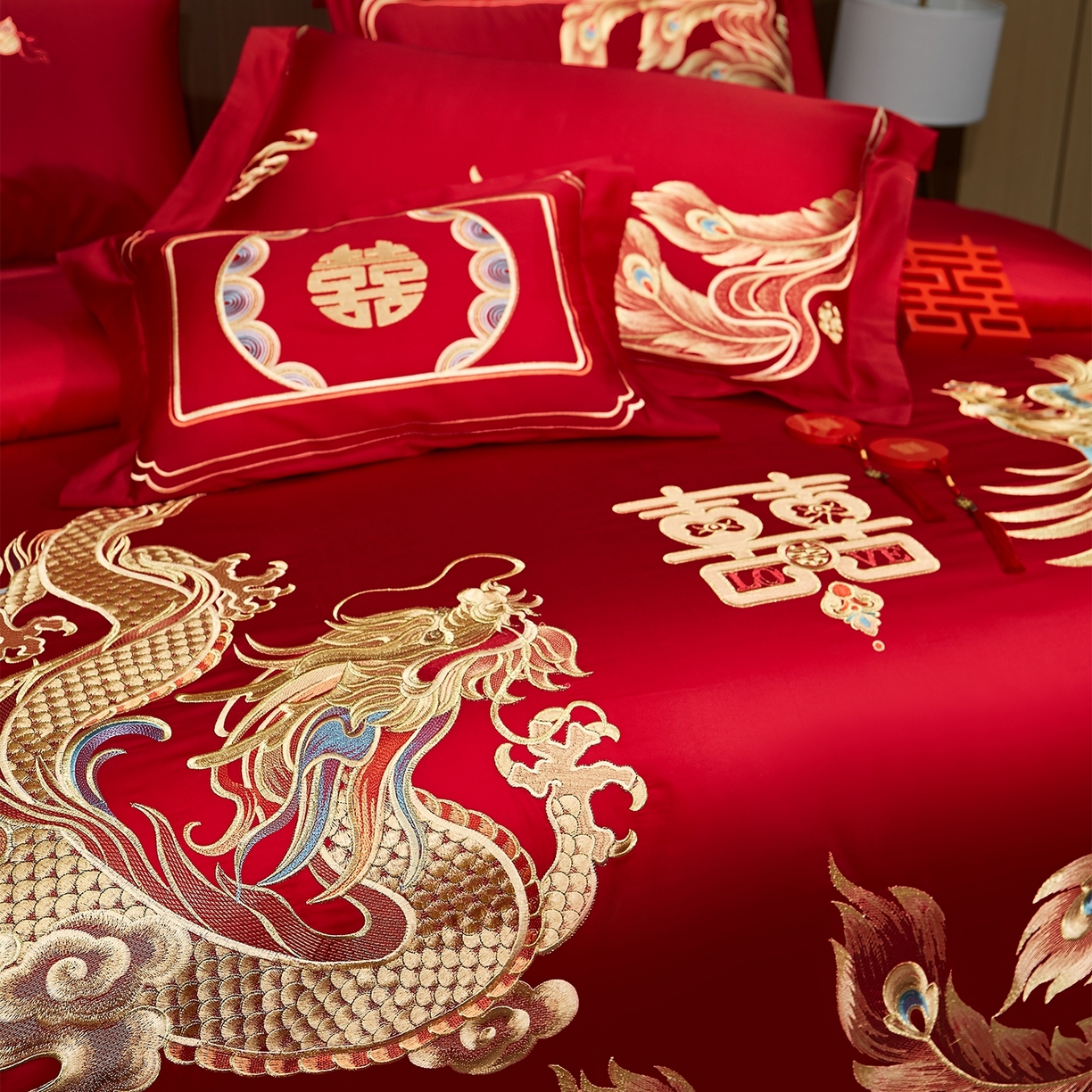 91家纺网 家纺一手货源 找家纺 蒂爵 2026婚庆新疆长绒棉纯棉原版大绣花婚庆四件套多件套340系列 龙凤合玺