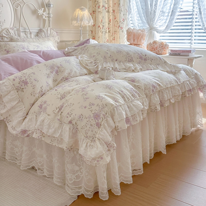 91家纺网 家纺一手货源 找家纺 瑞宝 2026新款全棉碎花AB夹棉床裙四件套系列 紫樱