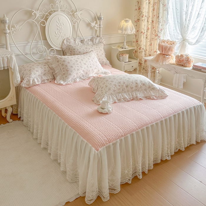 91家纺网 家纺一手货源 找家纺 瑞宝 2026新款全棉碎花AB夹棉床裙四件套系列 青缇