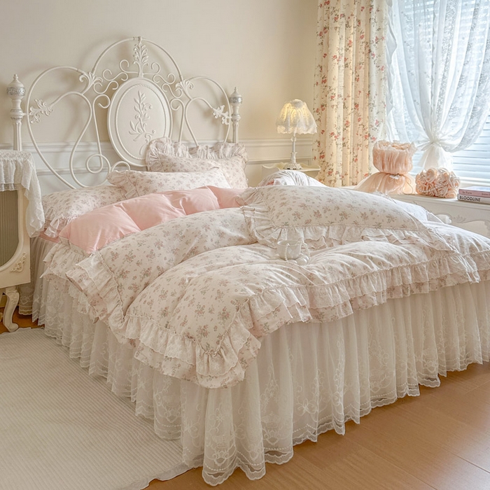 91家纺网 家纺一手货源 找家纺 瑞宝 2026新款全棉碎花AB夹棉床裙四件套系列 青缇