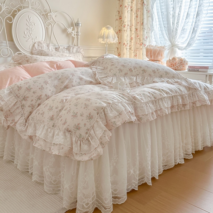 91家纺网 家纺一手货源 找家纺 瑞宝 2026新款全棉碎花AB夹棉床裙四件套系列 青缇