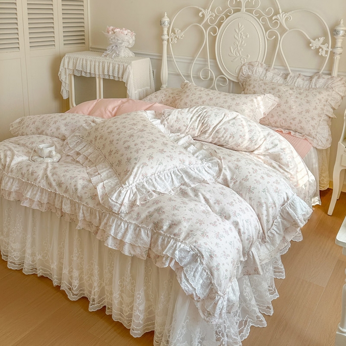 91家纺网 家纺一手货源 找家纺 瑞宝 2026新款全棉碎花AB夹棉床裙四件套系列 青缇