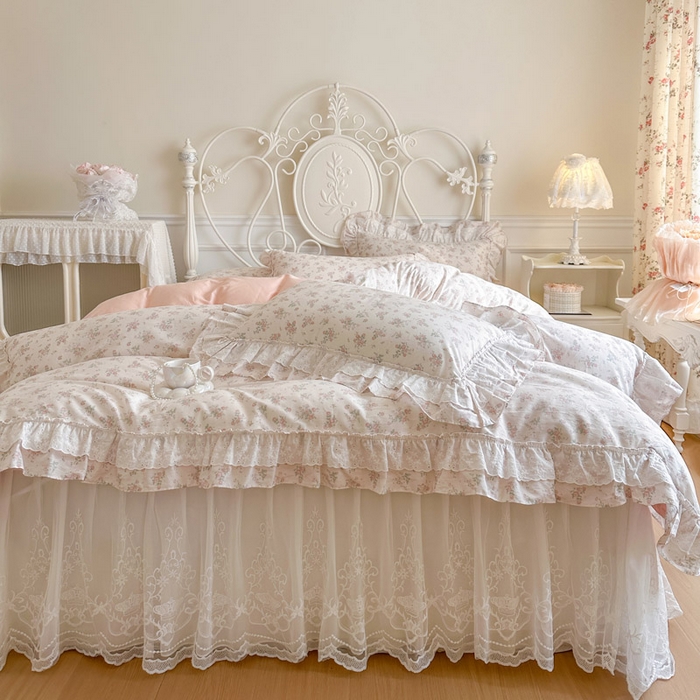 91家纺网 家纺一手货源 找家纺 瑞宝 2026新款全棉碎花AB夹棉床裙四件套系列 青缇