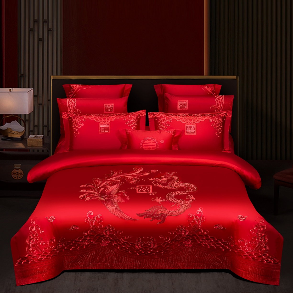 蒂爵 2026婚庆新疆长绒棉纯棉原版大绣花婚庆四件套多件套340系列 龙凤王朝红