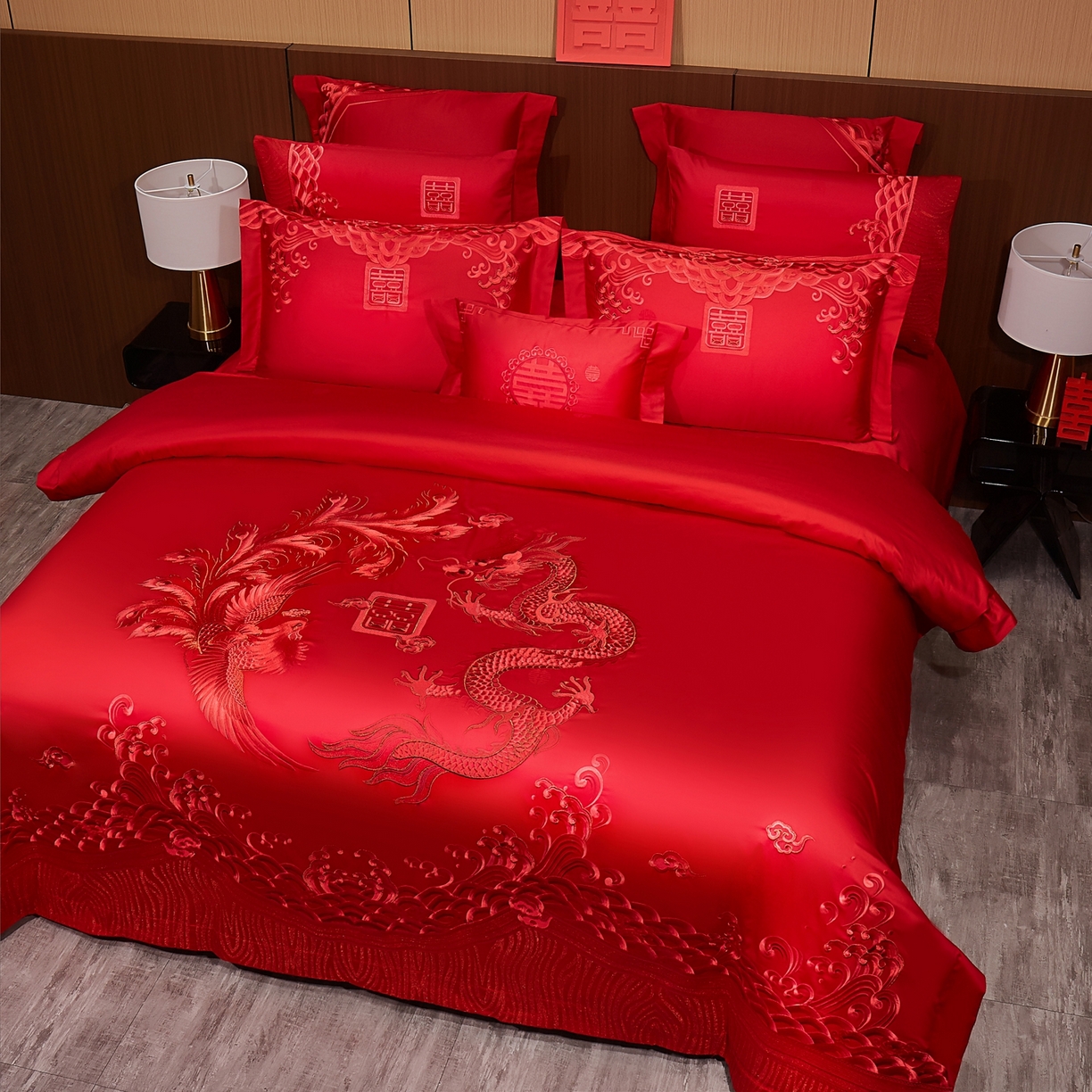 91家纺网 家纺一手货源 找家纺 蒂爵 2026婚庆新疆长绒棉纯棉原版大绣花婚庆四件套多件套340系列 龙凤王朝红